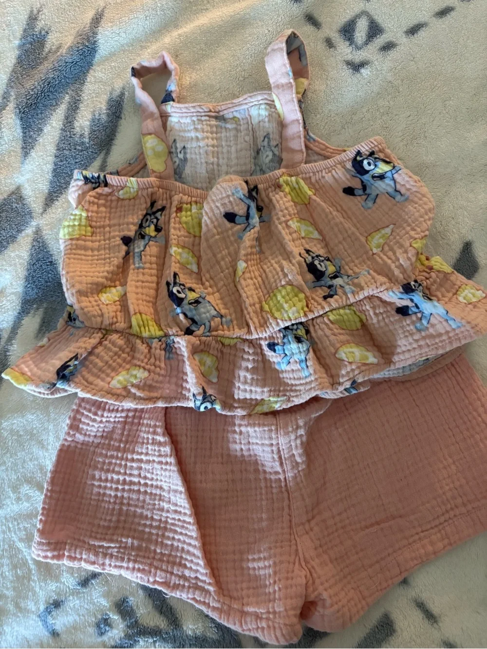 Pink Two-Piece Ruffled Tank & Shorts Set with lemons and Bluey